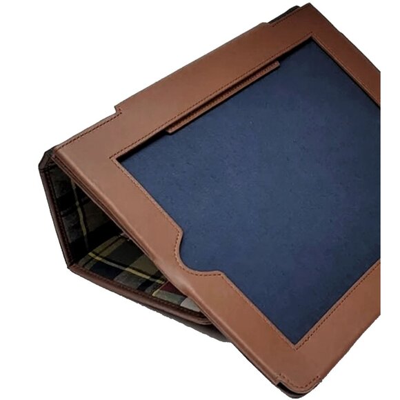 NEW POLO RALPH LAUREN Patchwork Madras Plaid & Leather Tablet Cover!  Navy Brown - Picture 5 of 6